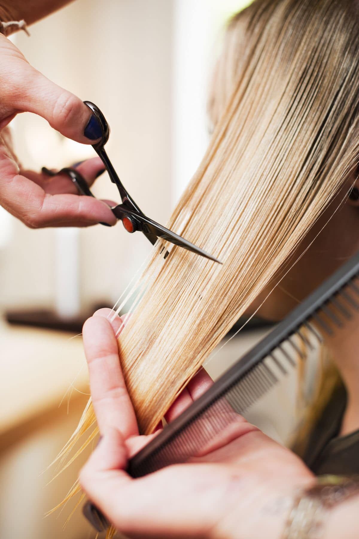 A woman is getting her hair cut by a hairdresser.