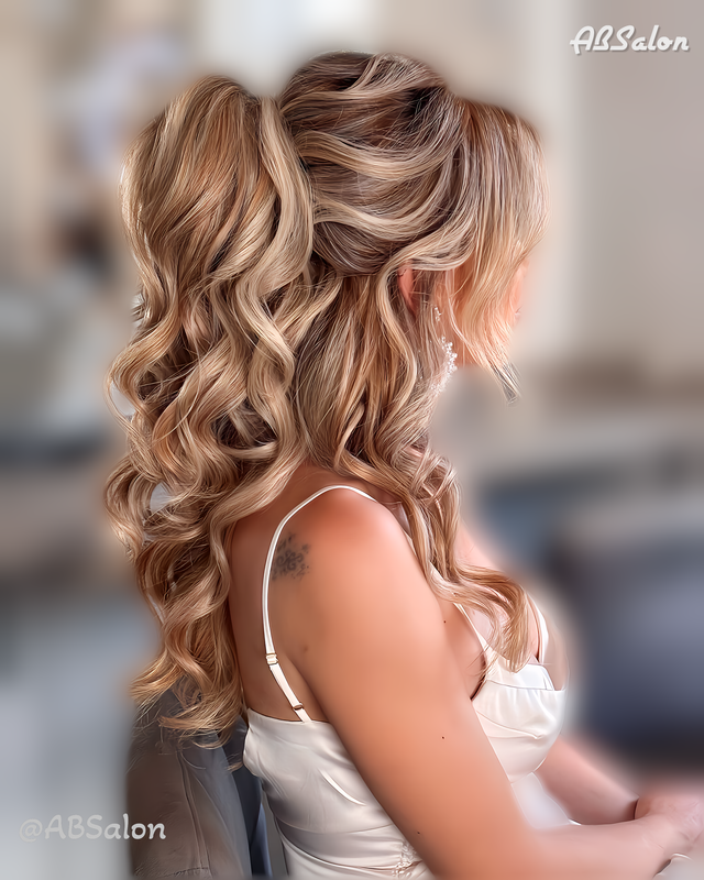 A woman in a white dress is wearing her hair in a half up half down ponytail.