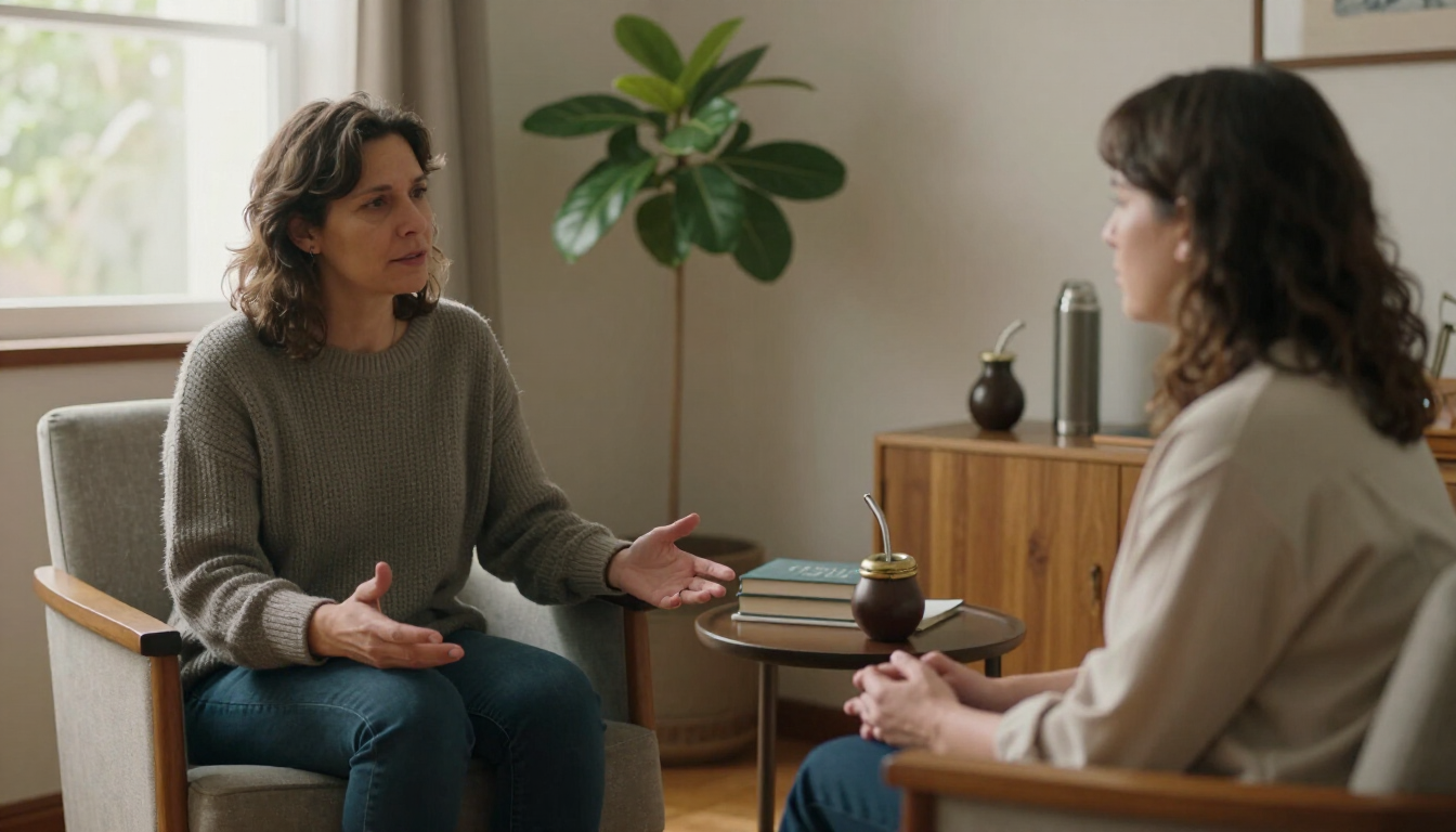 Dos personas conversan en una sala de estar, sentadas frente a frente con una mesita entre ellas.