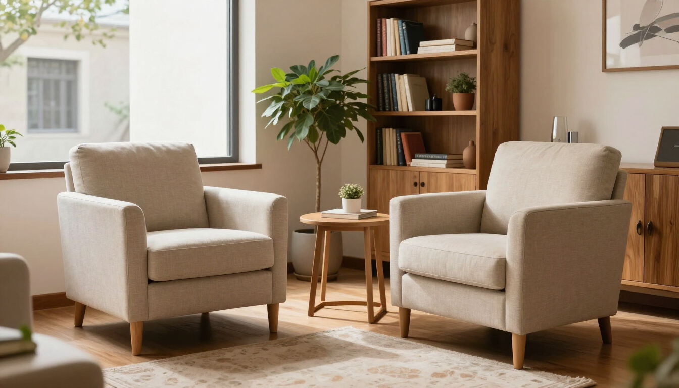 Acogedora sala de estar con dos sillones beige, una mesita de madera, una estantería y una planta en maceta junto a la ventana