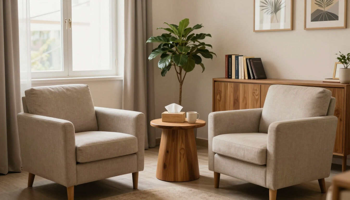 Acogedora sala de estar con dos sillones beige, una mesita de madera y una planta en maceta junto a la ventana