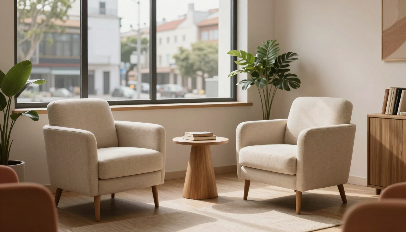Acogedor salón con dos sillones beige, una pequeña mesa de madera y una gran ventana con vistas