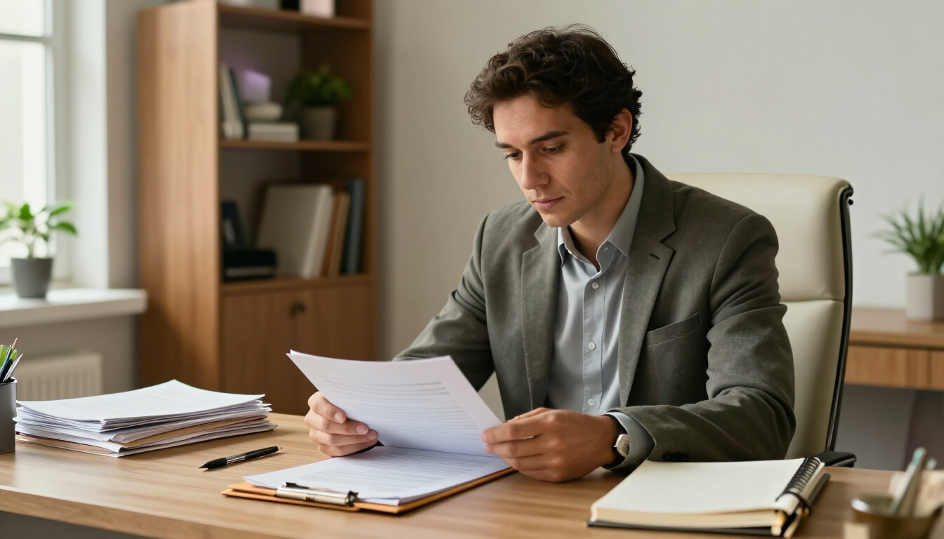 Hombre con una chaqueta gris leyendo un documento en un escritorio de una oficina luminosa.