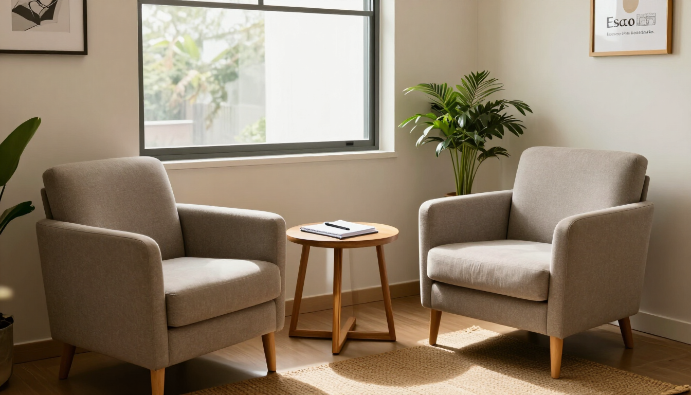 Dos sillones beige junto a una mesita redonda en una habitación soleada con una ventana y una planta en maceta