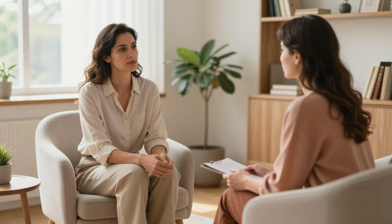 Dos mujeres conversan en una oficina luminosa y moderna; una está sentada y escucha a la otra, que está enfrente.