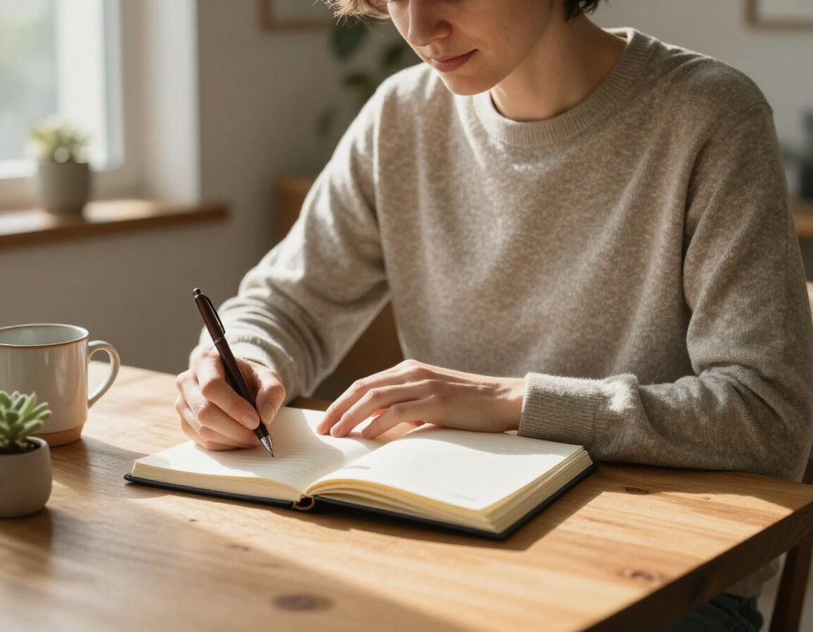 Una persona escribe en un cuaderno en una mesa de madera junto a una ventana, con una taza y una pequeña planta cerca.