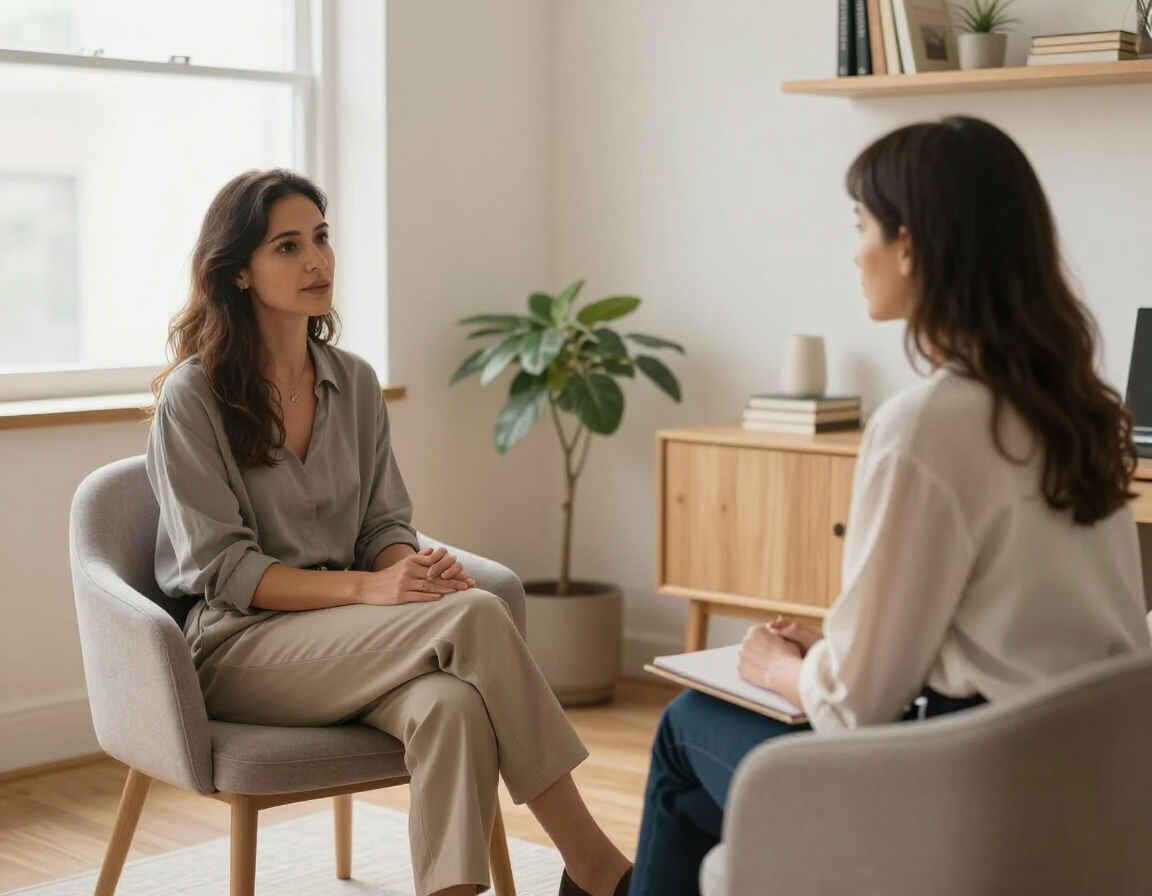 Dos mujeres conversan en una luminosa sala de consulta; una toma notas mientras está sentada frente a la otra.
