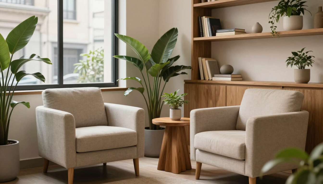 Acogedores sillones beige en una sala de estar luminosa con plantas, estanterías de madera y vistas desde la ventana