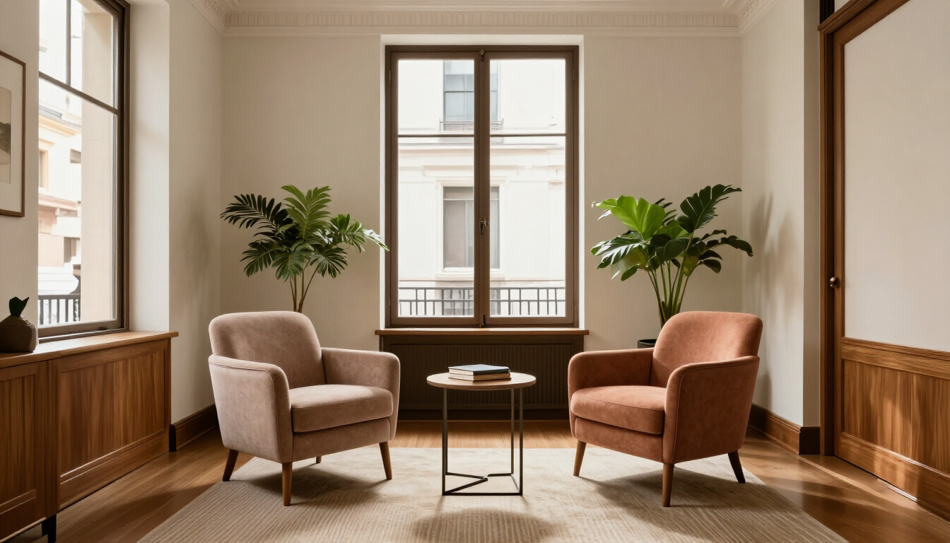 Sala de estar minimalista con dos sillones, una mesita, plantas en macetas y una ventana grande.