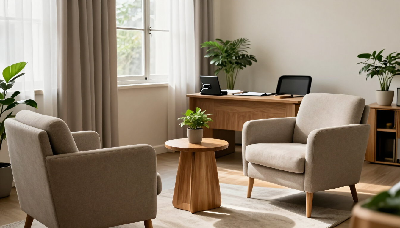 Acogedora sala de espera con sillones beige, escritorio de madera, plantas en macetas y una suave luz natural