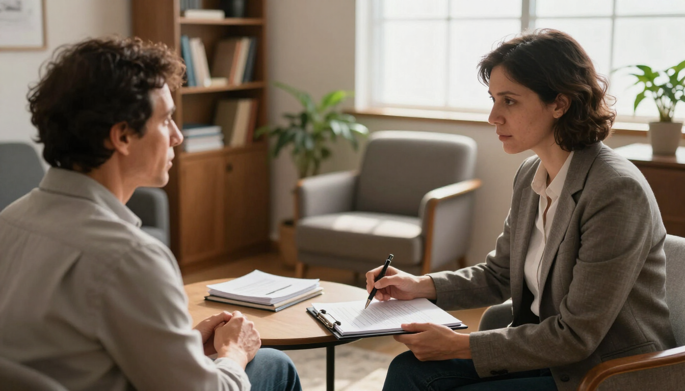 Dos personas conversan sobre unas notas al otro lado de una mesa en una consulta de terapia.