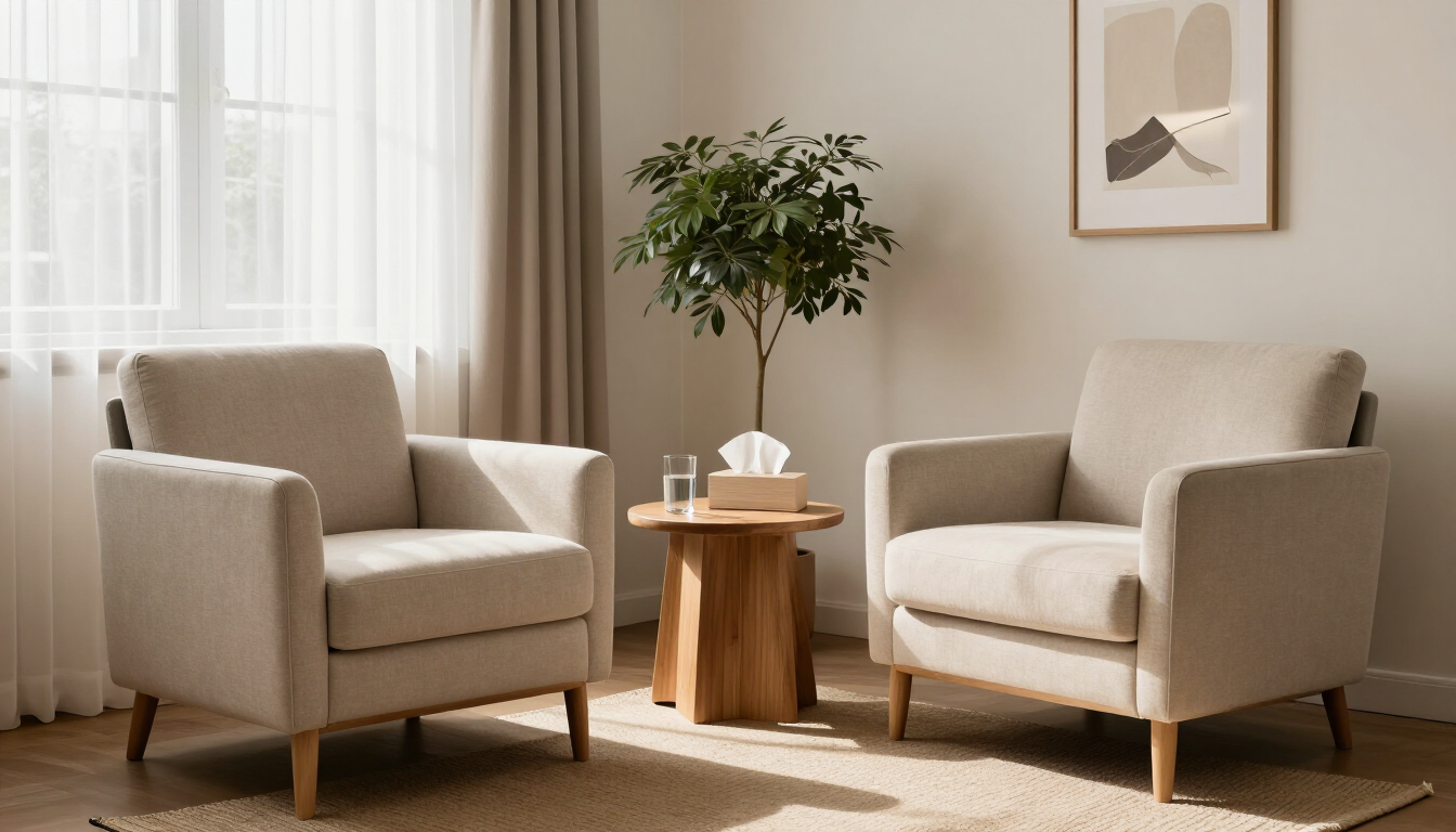 Dos sillones beige en una sala de estar luminosa, con una mesita de madera, una planta y cuadros decorativos