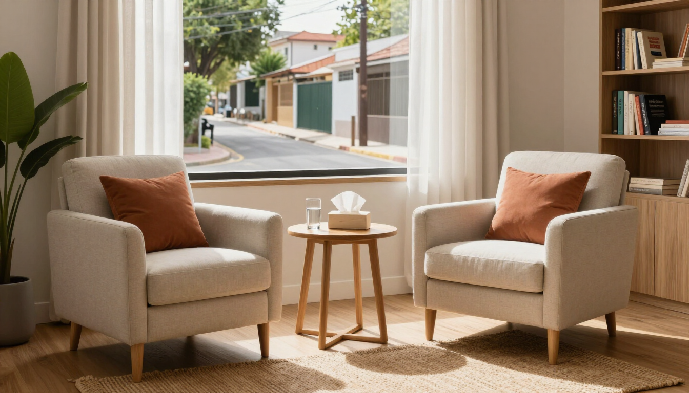 Acogedor salón con dos sillones color crema, una mesita y vistas a la calle a través de un gran ventanal