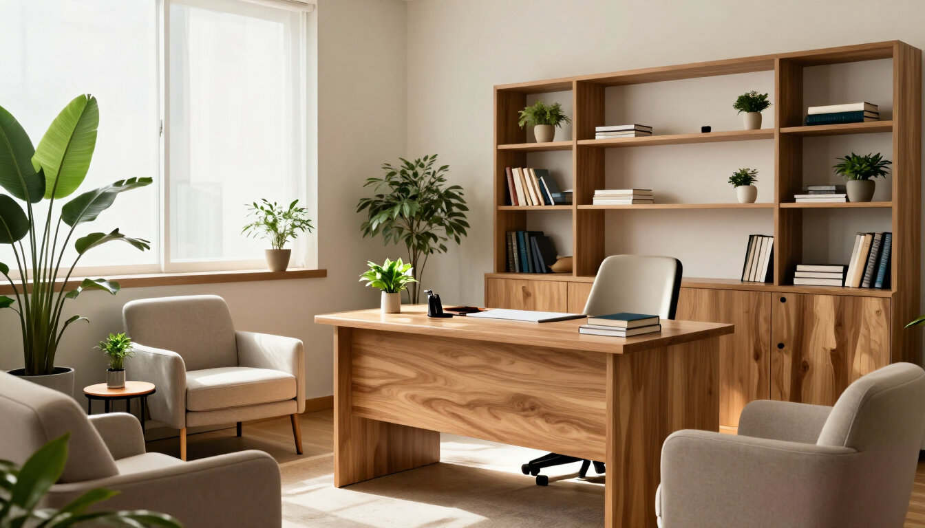 Luminoso y moderno despacho en casa con escritorio de madera, estanterías, sillones y grandes ventanales con plantas.