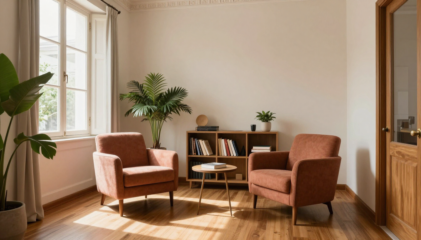 Acogedor salón bañado por el sol, con dos sillones rosas, una mesa redonda, plantas y un piano