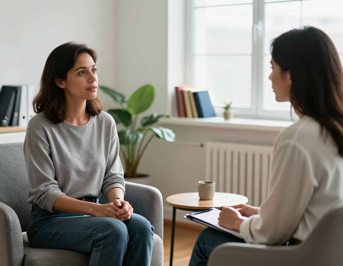 Dos mujeres conversan en una sala de 상담 luminosa; una está sentada con las manos entrelazadas y la otra toma notas
