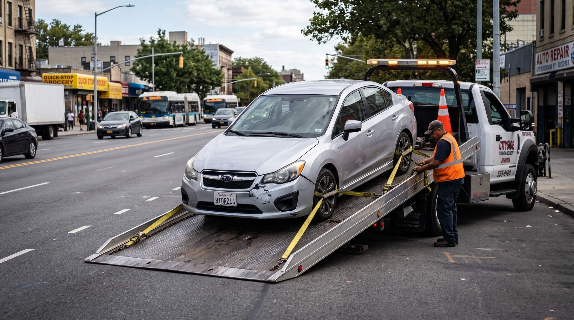 Car being secured on a tow truck.