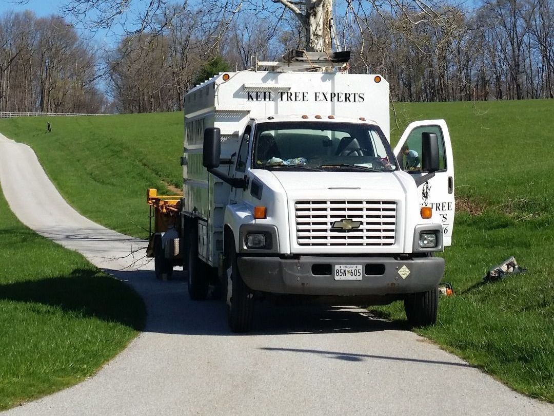 Keil Tree Experts truck parked under tree during trimming service in Maryland