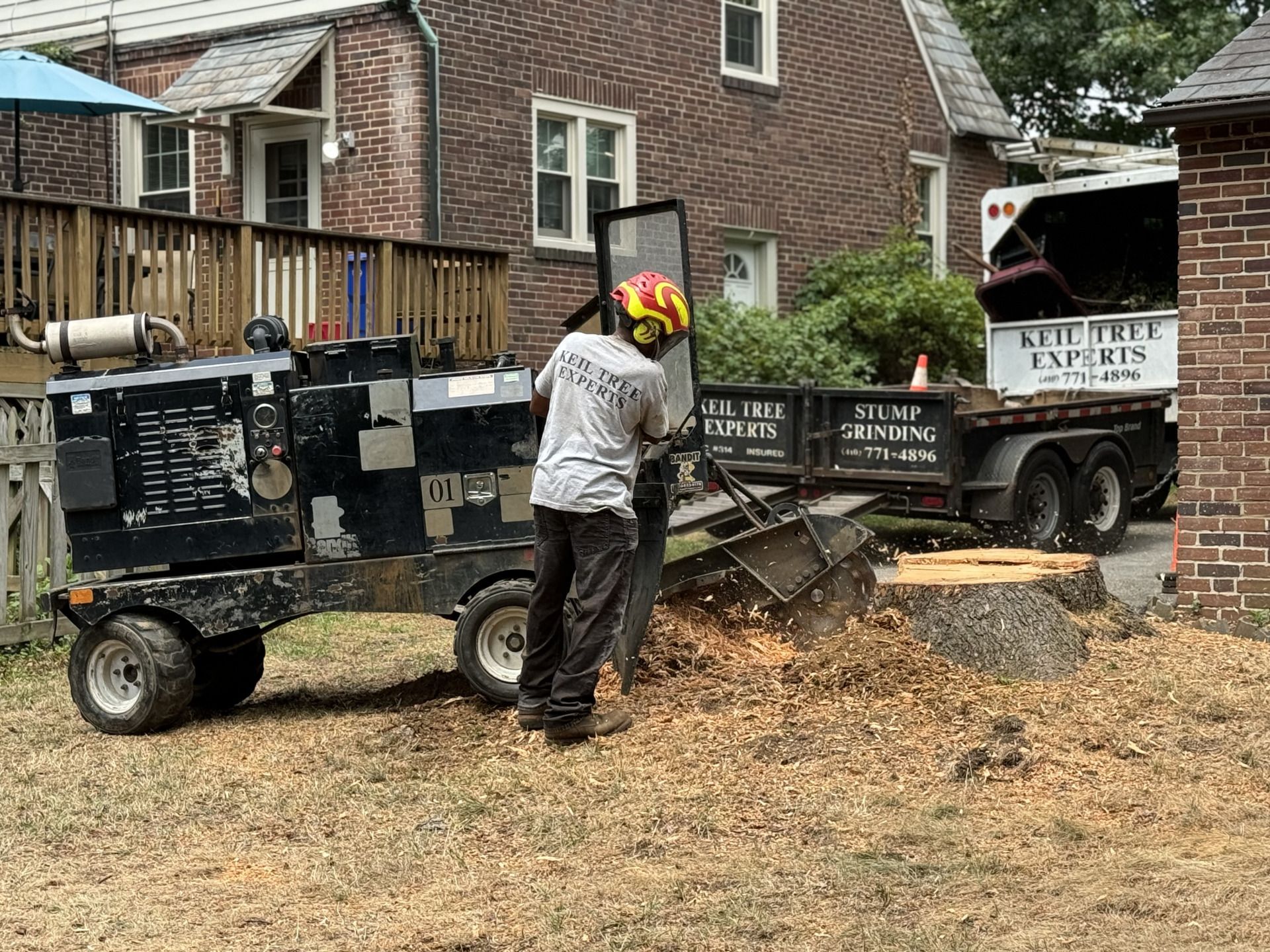 Worker using a stump grinder in a yard beside a house, with wood chips scattered around