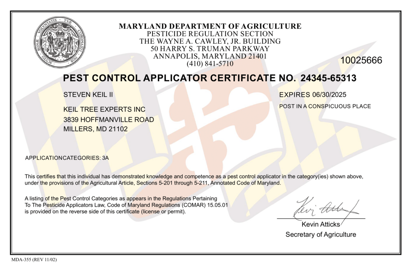Maryland Department of Agriculture pest control applicator certificate with seal and signature, dated 2024.