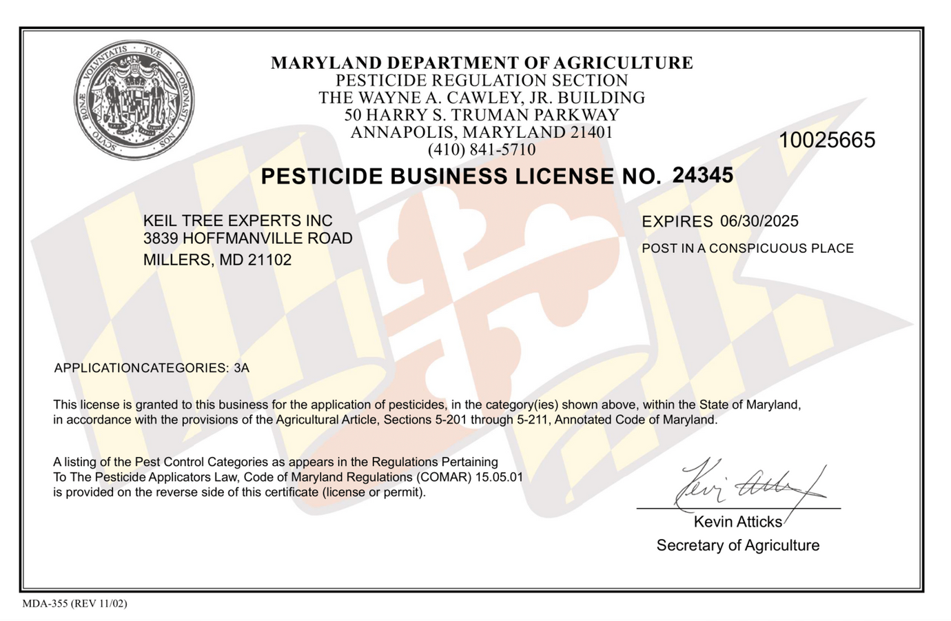 Maryland Department of Agriculture pesticide business license certificate on white background with seal and text