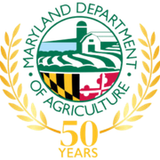 Maryland Department of Agriculture 50th anniversary seal with wheat wreath and state flag colors