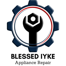 Logo for Blessed Iyke Appliance Repair: black wrench inside a blue gear, red and white rings, with text below.