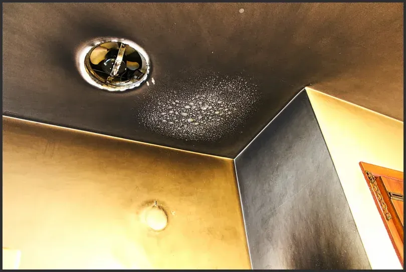 Fire-damaged ceiling with smoke stains and a burned light fixture