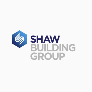 The logo for shaw building group is blue and gray.