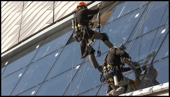 Two high-rise window cleaners suspended on ropes, cleaning angled glass panels on a modern skyscraper using full safety gear.