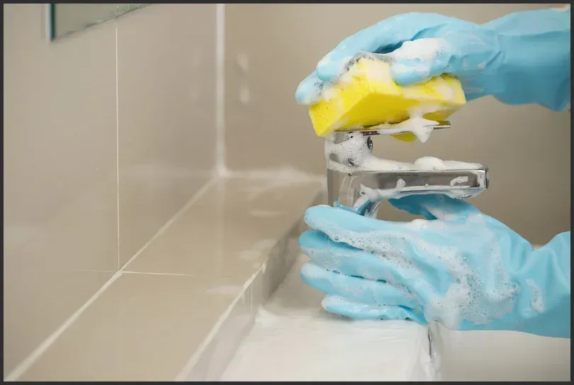 Hands in blue gloves scrubbing a bathroom faucet with a soapy sponge for a deep clean.