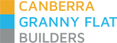 A logo for canberra granny flat builders is shown on a white background.