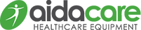 The logo for aidacare healthcare equipment is green and black.