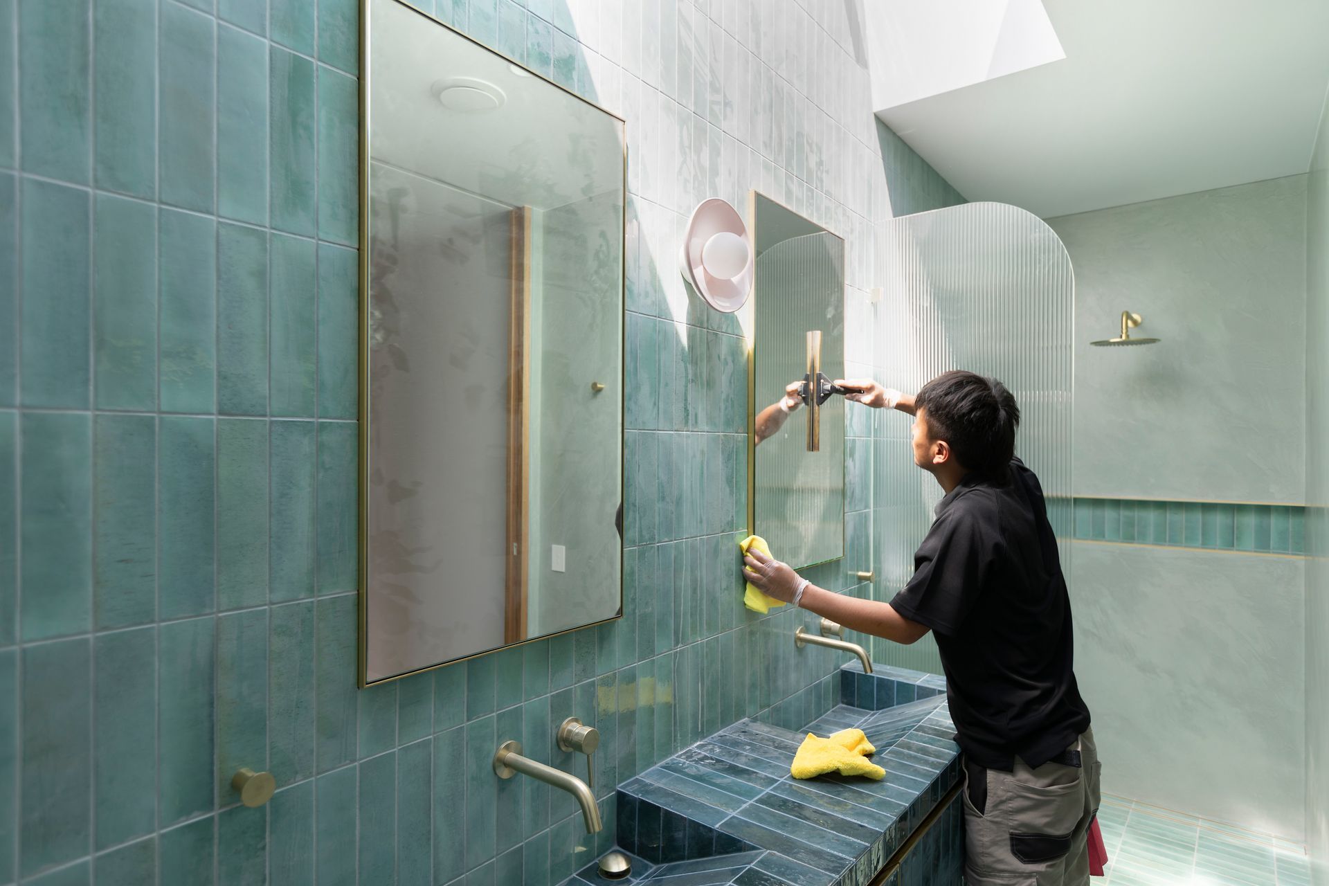 A man is cleaning a mirror in a bathroom.