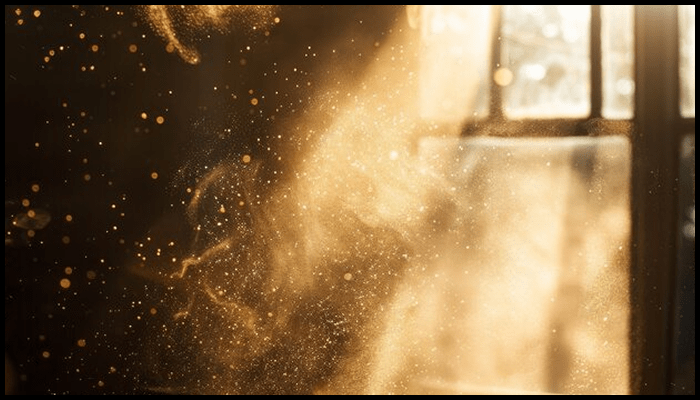 Floating construction dust illuminated by sunlight through a window, highlighting post-construction health hazards