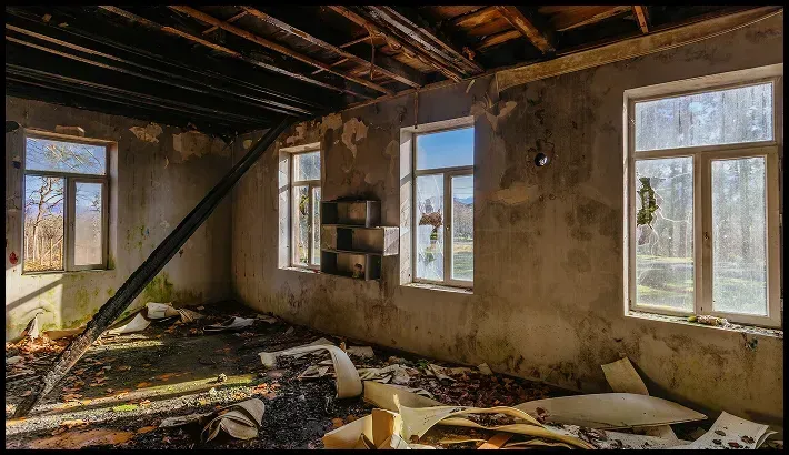 Fire-damaged room with burnt ceiling and debris