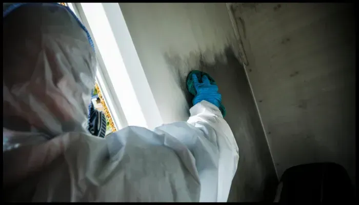 Restoration worker scrubbing soot off a fire-damaged wall during deep cleaning