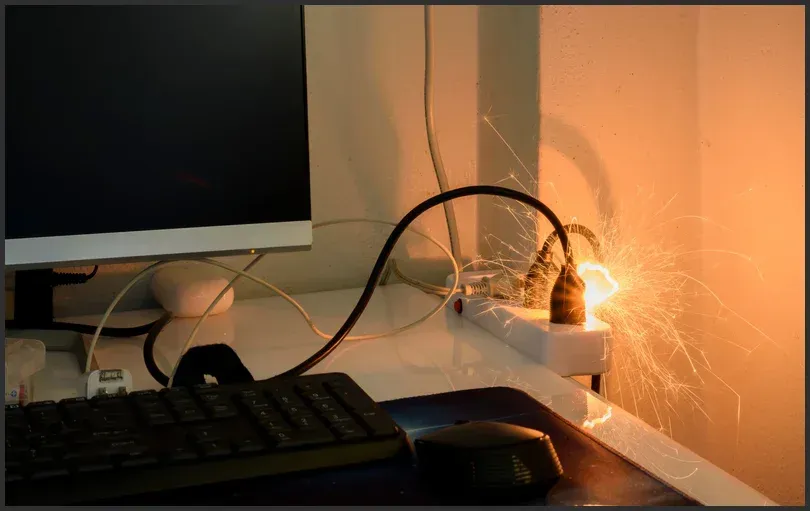 Sparking electrical outlet, highlighting fire risk from faulty wiring and overload.