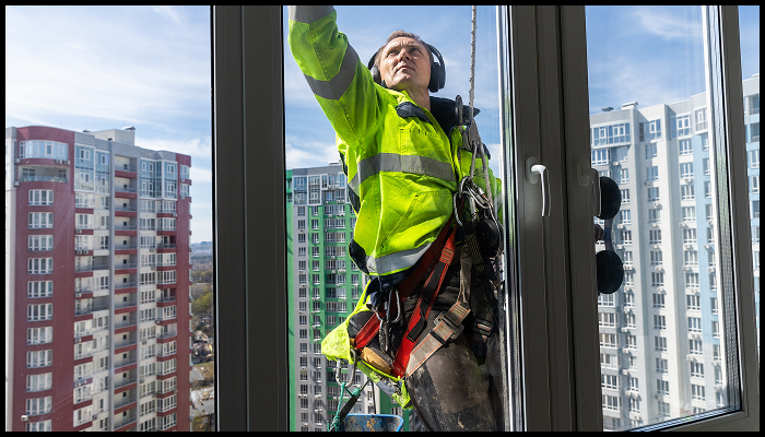 Professional window cleaner in a safety harness working outside a high-rise apartment building with full safety gear