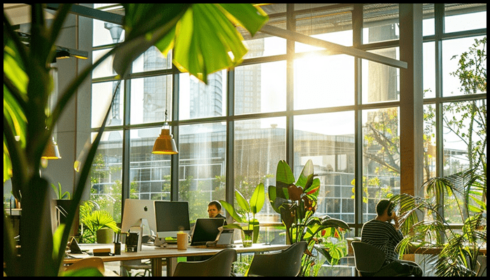Modern office with floor-to-ceiling clean windows and natural sunlight illuminating a workspace with plants and employees