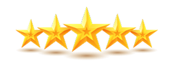 Five gold stars are lined up in a row on a white background.