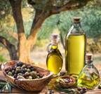 Bottles of golden olive oil and a wooden bowl filled with fresh olives set on a rustic surface under an olive tree.