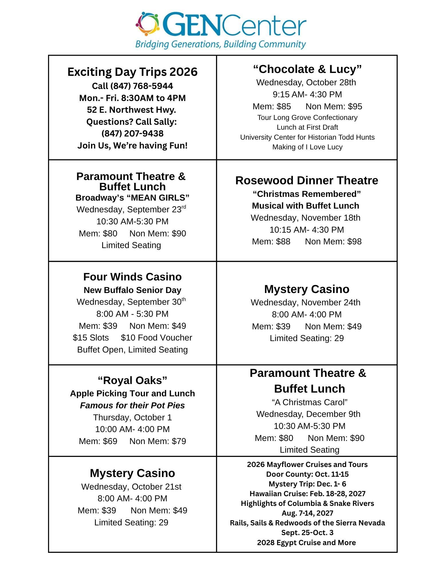 Flyer for GENcenter's 2025 day trips, listing dates, locations, and costs for various casino visits and theater events.