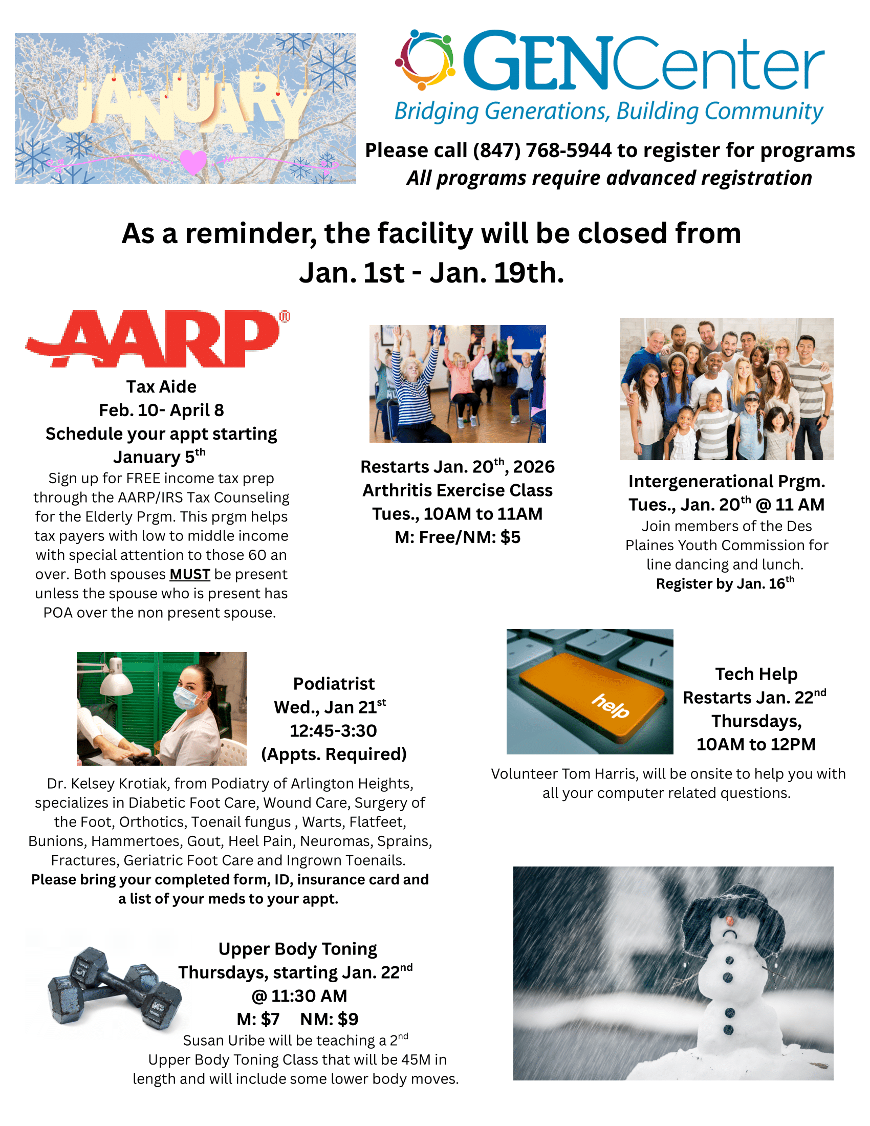 January flyer for GENCenter with program details and a facility closure reminder.