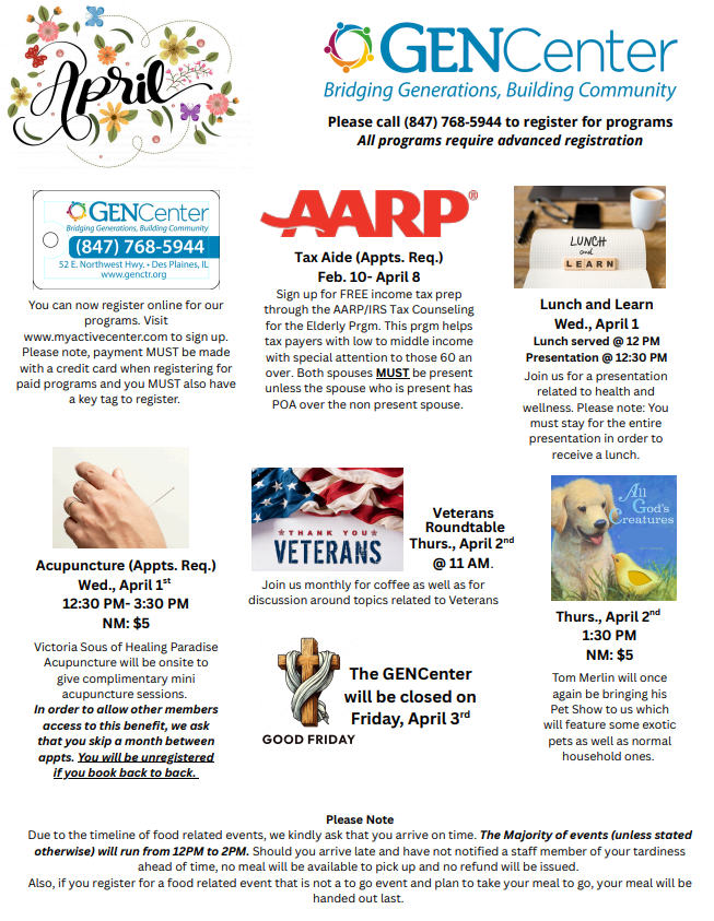 April event calendar for GENCenter featuring various programs, registration details, and holiday closures.