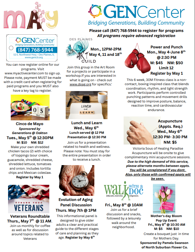 GENCenter May event flyer with a calendar of activities, dates, times, and colorful illustrations