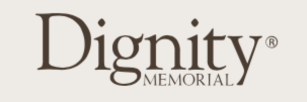 Dignity Memorial logo in dark brown serif text on a light background