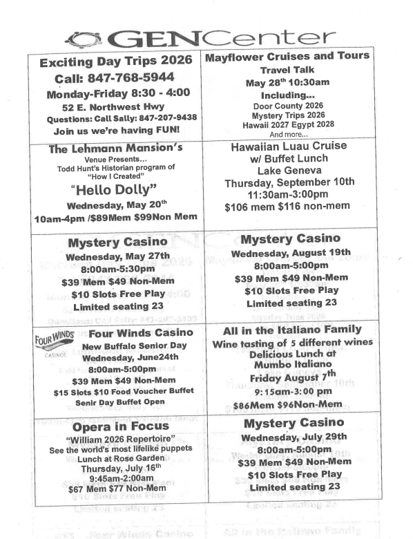 GENCenter event flyer with a grid of shows, casino nights, dances, and lunch specials
