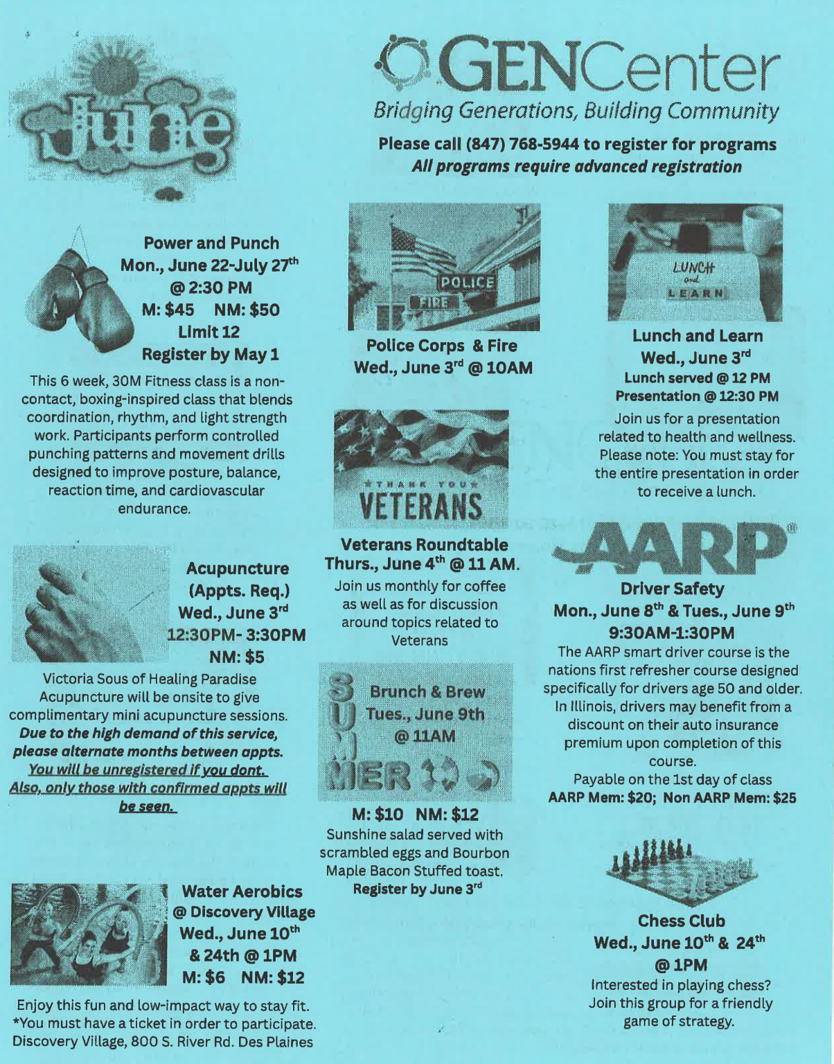 Blue flyer with GENcenter, AARP, veterans, and other service logos and contact information