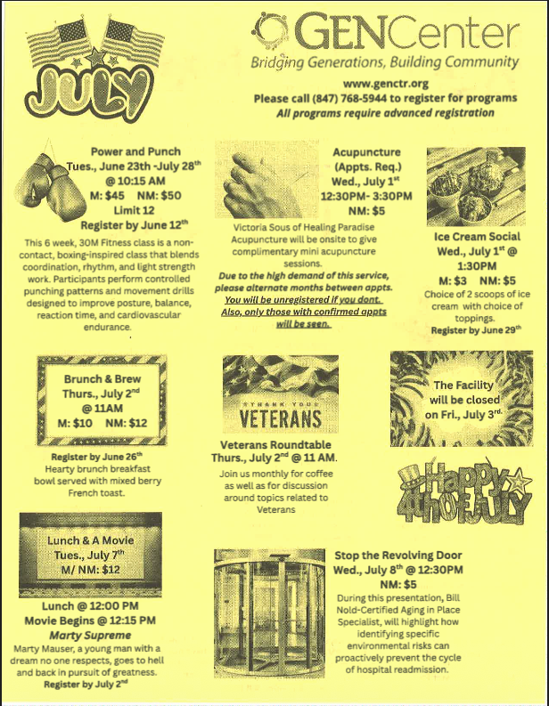 Yellow GENcenter event flyer listing community programs, workshops, and meeting times, with multiple small sections and logos